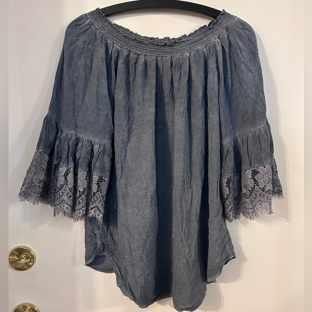 AMO Slate Blue Boho Blouse with Lace Detail on the Sleeve size 1